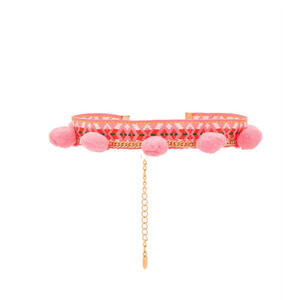 NWT Ettika Anthropologie Pink Pom Pom Woven Choker Necklace Gold Chain 15.5"